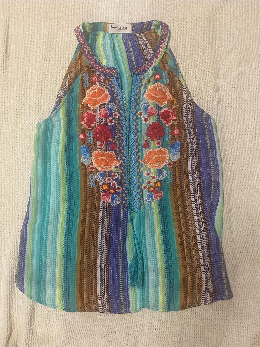 Impressions Multicolor Striped Embroidered Halter Camisole